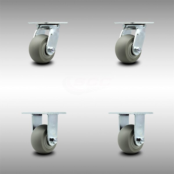 4 Inch SS Thermoplastic Rubber Caster Set with Ball Bearing 2 Swivel 2 Rigid SCC